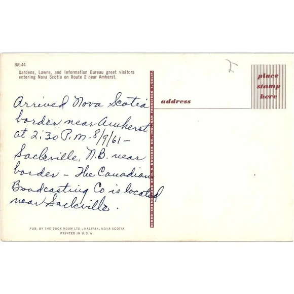 Amherst Nova Scotia Canada Gardens Lawns & Information Bureau Route 2 Postcard - Picture 2 of 2